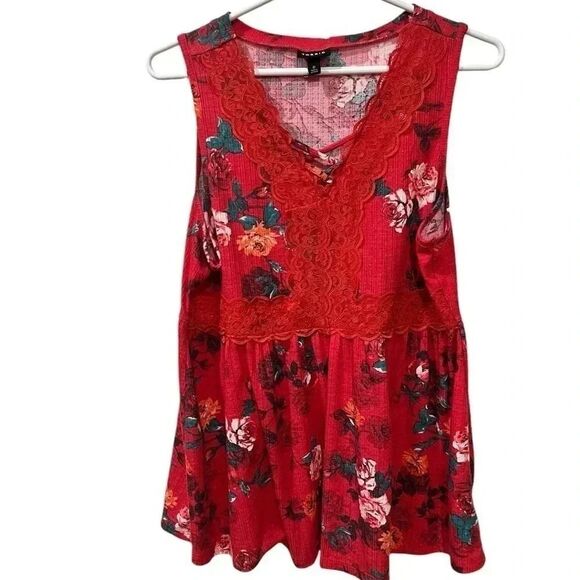 Babydoll Textured Jersey V-Neck Lace-Up Lace Top red floral size 0 large 12 - Picture 1 of 4